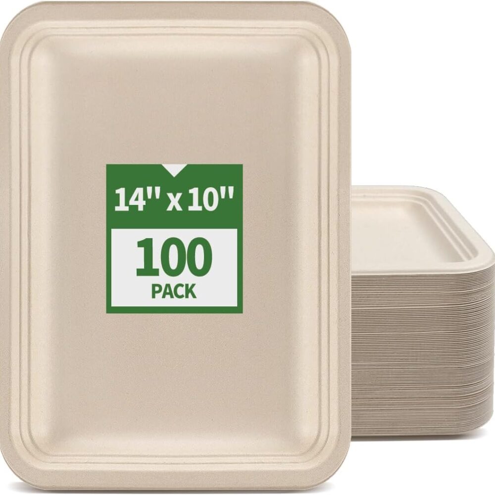 14 inch Disposable Food Trays 100 Pack for Seafood BBQ Party Feast | Large Paper Plates 14 inch Disposable Serving Trays for Party, Compostable Large Paper Food Trays Seafood Boil Party Supplies