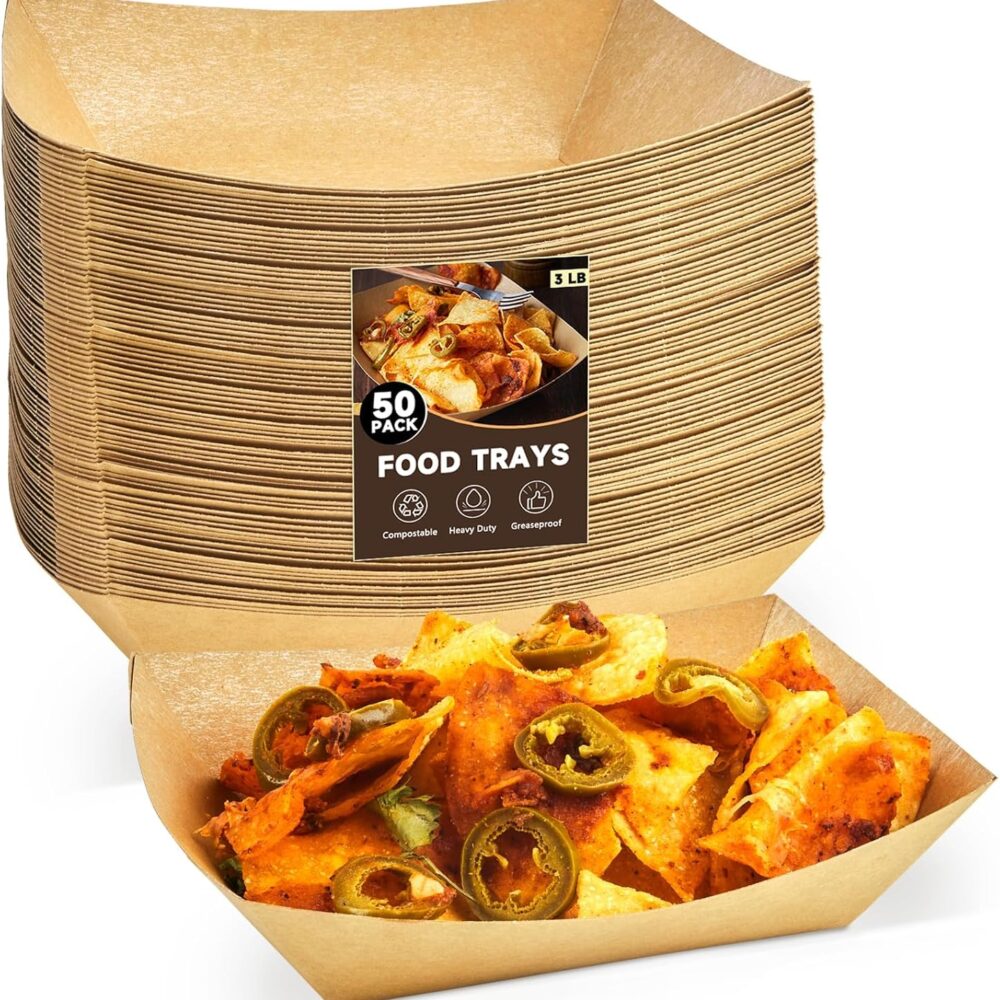 ZORRITA Paper Food Trays, 3 Lb, 50 Pack | Disposable, Kraft Paper, Nacho Trays, Food Boats, Taco Holders, Party Serving Baskets, For Hot Dogs Snacks Tacos Fries